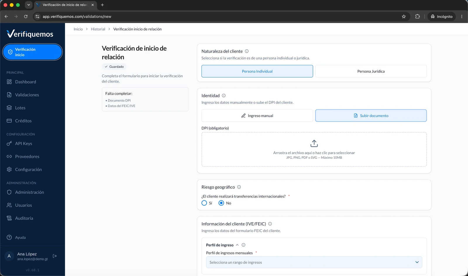 Pantalla de ingreso de datos del cliente en Verifiquemos